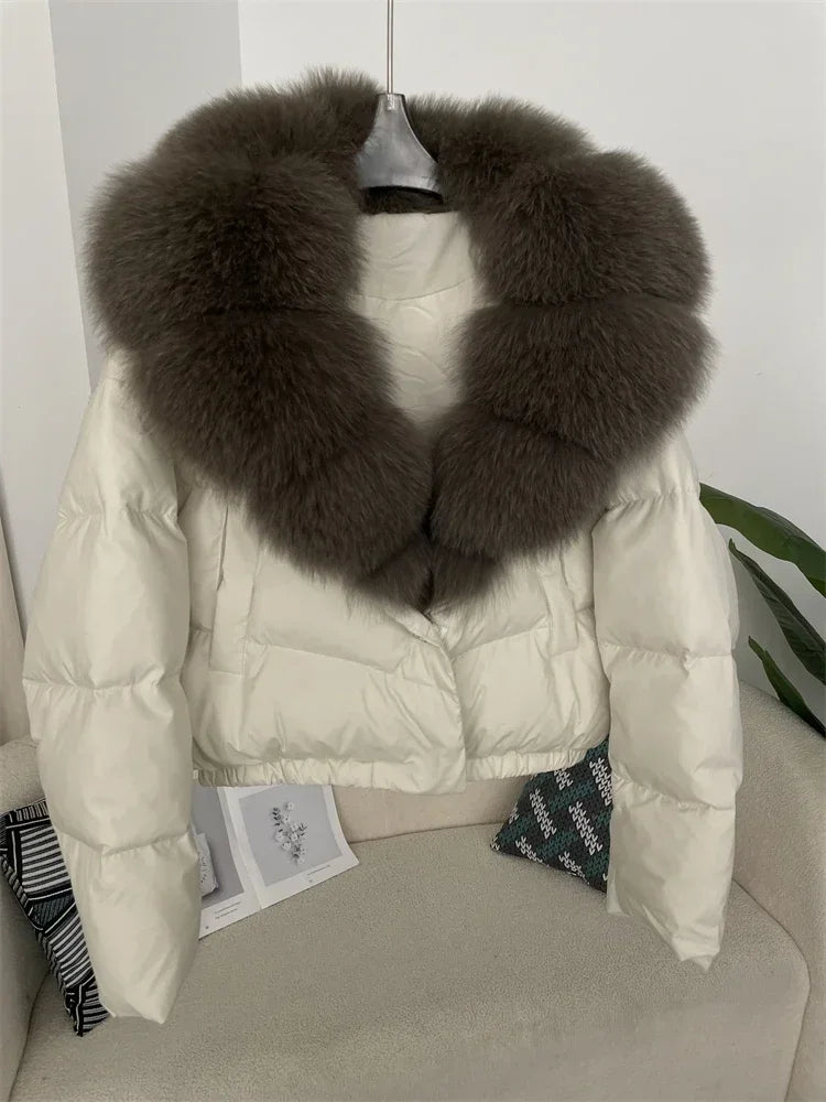 Luxury Women's Short Puffer Jacket with Natural Fox Fur Collar