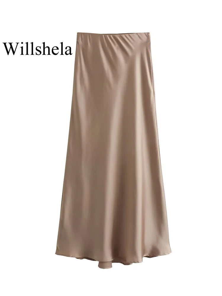 Elegant Satin Solid Pleated Midi Skirt