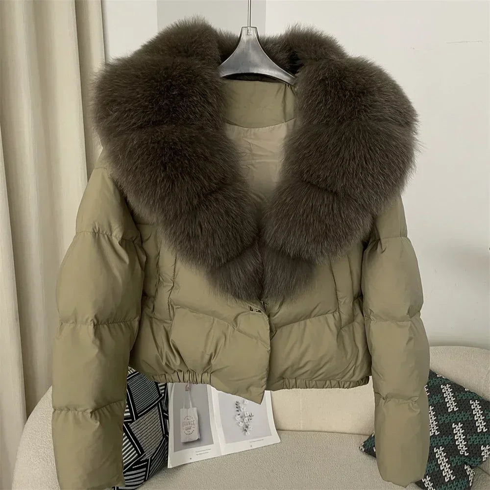 Luxury Women's Short Puffer Jacket with Natural Fox Fur Collar
