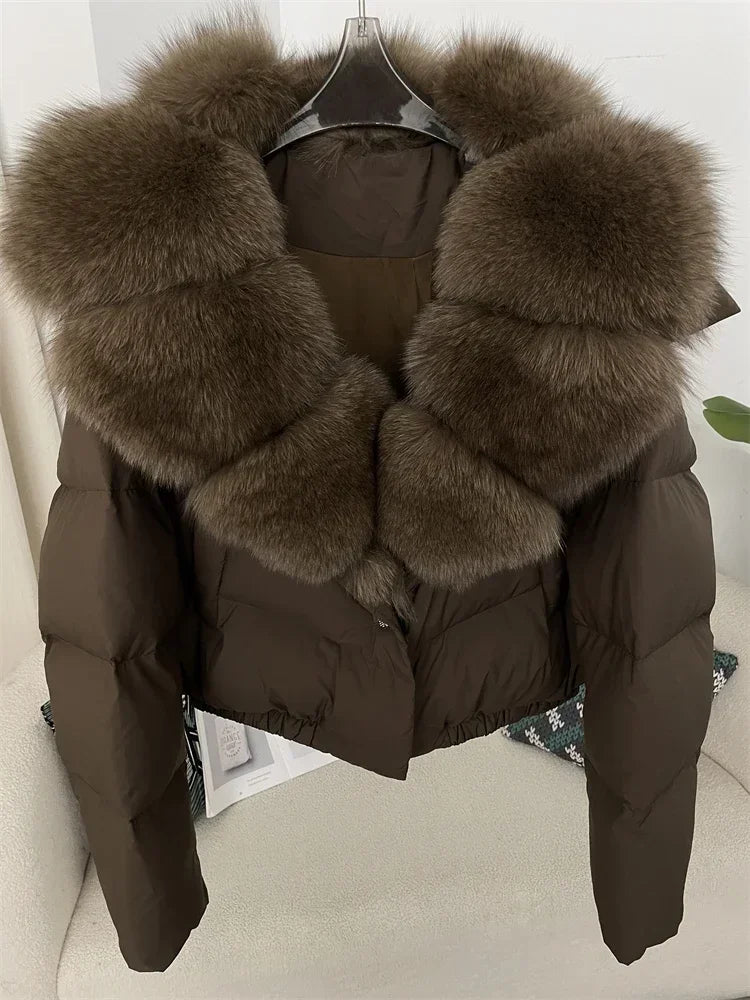 Luxury Women's Short Puffer Jacket with Natural Fox Fur Collar